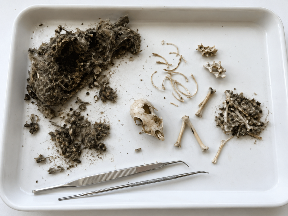 Dissected owl pellet with sorted bones and forceps on a white tray